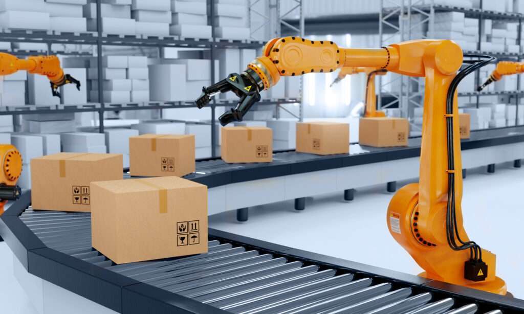 Industrial robot arm grabbing the cardboard box on roller conveyor rack with storage warehouse background.