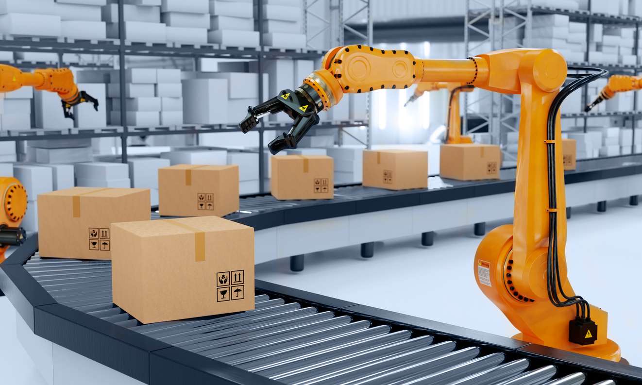 Industrial robot arm grabbing the cardboard box on roller conveyor rack with storage warehouse background.